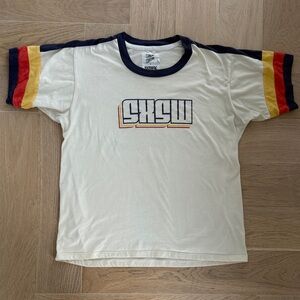 Cream Ringer SXSW Vintage T-Shirt with Navy & Rainbow Sleeve Stripes